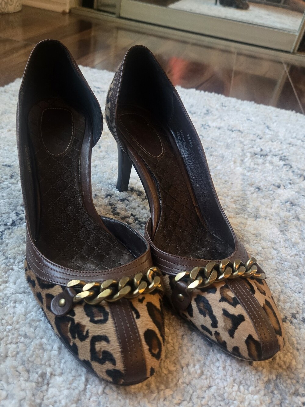 JCrew Leopard Calf Hair D'orsay Pumps with Gold Chain Accent - Brown, Size 7